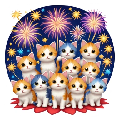 lots of super tiny kittens randomly placed on no background with fireworks behind sticker