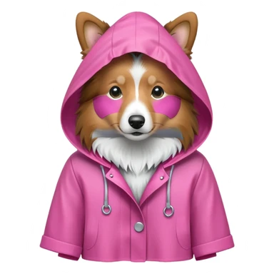 Miniature sheltie dog in a pink raincoat with hood sticker