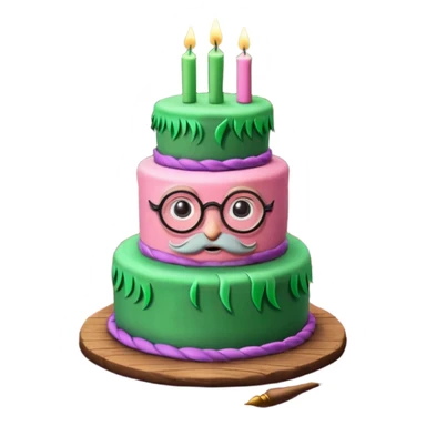 Harry Potter themed pink birthday cake with green 'Happy Birthday Harry' icing, surrounded by wizard books, candles, potion bottles, feathers, and glasses on wooden table, magical atmosphere." sticker
