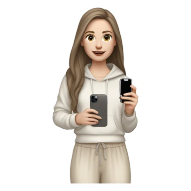 pale skin woman with long brown Hair, white hoodie, beige palazzo Arrow pants and gray blouse holding white IPhone 14 pro in the hands sticker