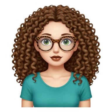 a blue green eyed woman with very very long brunette curly hair, full lips,and pale skin. She is wearing a leopard printed thin round-ish glasses . She is wearing a brown tshirt with a wide neck opening. sticker