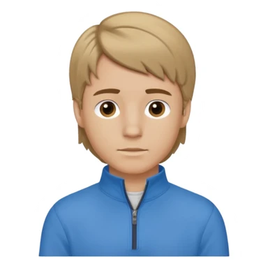 boy with dark blonde hair in a mullet to the front, with a neat blue shirt (not a t-shirt) and brown quarter zip sticker