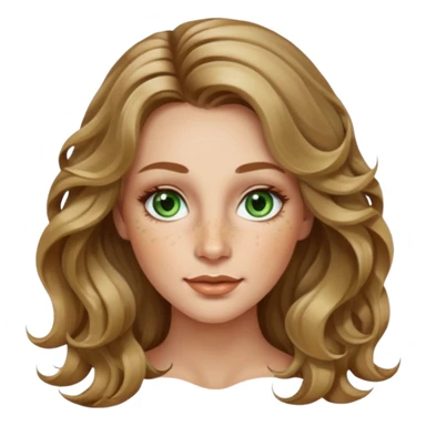 creative women with long dark Blond with highlights wavy hair white women, oval shape face green hazel eyes long lashes freckles on the nose high cheek bones sticker