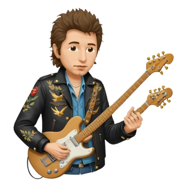 realistic cinematic bob dylan, unshaven and long haired, in a motor jacket embroidered with bronze cranes, plays an electric guitar sticker