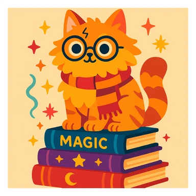 a fluffy cat with Harry Potter glasses and scarf sitting on a stack of magical books, whimsical style sticker