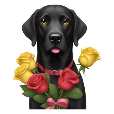 Black lab with red and pink collar holding a bouquet of yellow roses  sticker
