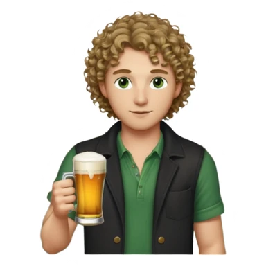 Male, wearing NYC casual clothes , with a beer, fair complexion, green eyes, shoulder length dark blonde curly hair, bar slinger sticker