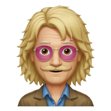 slender man with rose-colored glasses no lenses, frizzy blonde Joe Dirt wig, scruffy thin beard and mustache, smiling sticker