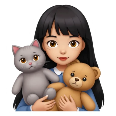 girl,black eyes,red cheeks,long black hair with bangs,holding a British grey cat and a brown teddy bear sticker
