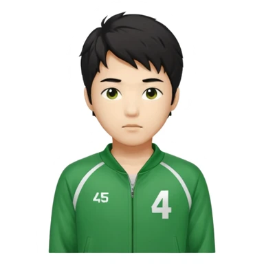 Draw Seong Gi-hun (Player 456), Korean male, messy black hair, green tracksuit with white number 456 printed on chest. sticker