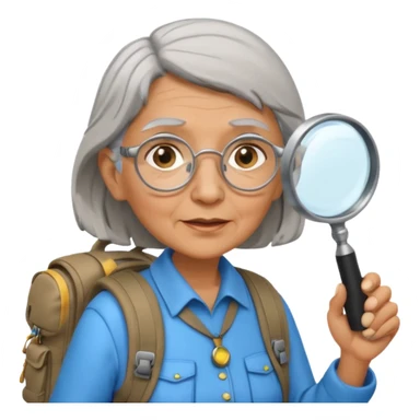Explorer old woman with magnifying glass and backpack, portrait sticker
