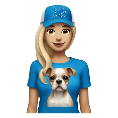 A blonde haired girl shoulder langth wearing a Detroit Lions hat and holding a Boston terrier sticker