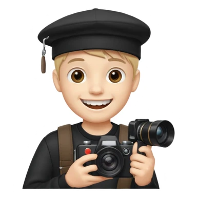 schoolboy with big front teeth wearing a black cap holding a camera in his hand sticker