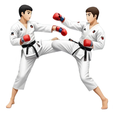 Two taekwondo fighters in traditional white doboks with black belts. One delivers a powerful kick, while the other defends by blocking with his knee. The background shows a professional arena with bright lights and an excited crowd. Transparent background highlights the intense action sticker