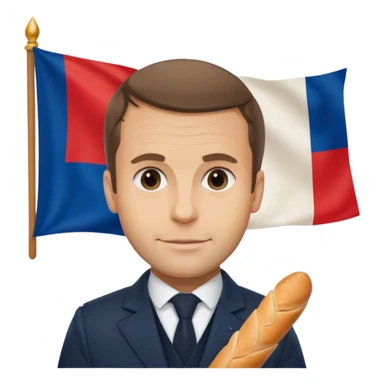 Macron avec une baguette et un drapeau français derrière lui sticker