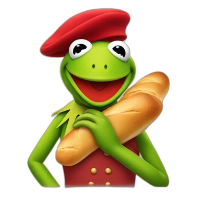 kermit the frog with a red beret and a baguette and being french sticker