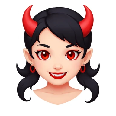VK sticker style devil girl, cute, simple design, bold outlines, flat colors, red skin, small horns, mischievous smile, expressive eyes. sticker