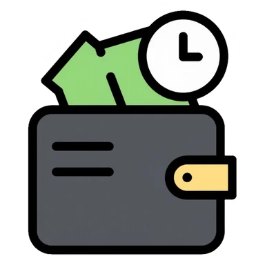 black wallet with dollars inside and a small clock in top right corner positioned above the wallet sticker