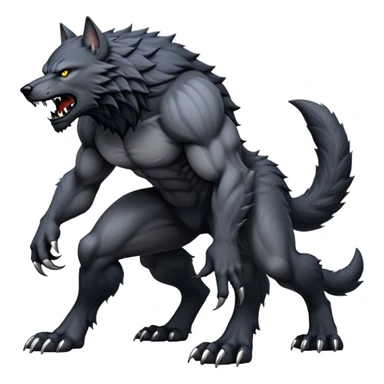 cinematic-noble-fierce-werewolf-full body on all fours-emoji, poised-and-imposing, with a tall, lean, and muscular wolfish frame inspired by the brutal, imposing shape of the beast from Berserk, fur rippling in shades of midnight black and silver, massive paws with razor-sharp claws, elongated limbs and fangs, eyes glowing with an intense, primal ferocity, reflecting the untamed power of the wild moonlit night; rendered with realism like a wolf sticker