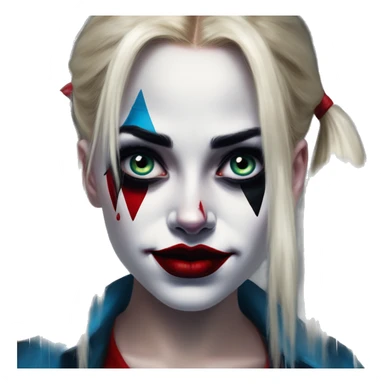 Tears in Harley Quinn style, oil paint, mysterious eyes, intricate lips, masterpiece portrait, odd perspective, beautiful, desirable, logical sticker