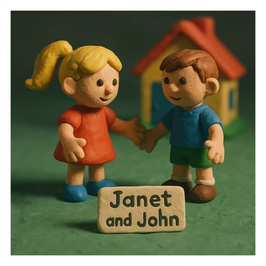 Janet and John story scene in claymation style sticker