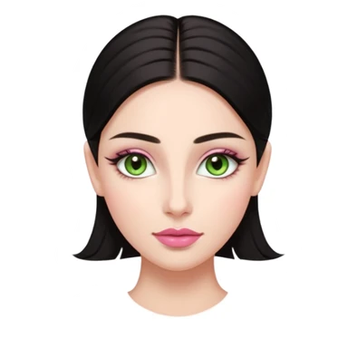 Front-facing portrait of a young woman with fair glowing skin, symmetrical features, light green almond-shaped eyes, long lashes, soft arched brows, straight refined nose, and full natural pink lips. Dark sleek hair pulled back with a middle part.  sticker