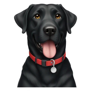 TWO happy adult BLACK labradors. one with a red collar and the other has a blue collar sticker