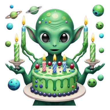 A giant alien holding a birthday cake that is actually a miniature galaxy, tiny planets orbiting the candles, cosmic dust swirling, epic scale contrast, ultra detailed space fantasy art

 sticker