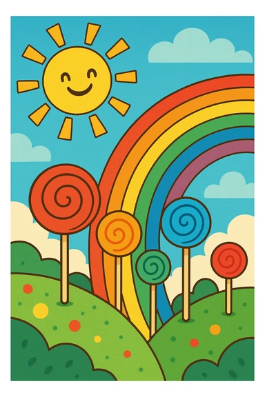 a scene combining sunshine, lollipops, and a rainbow, joyful and whimsical, playful style, vibrant toon sticker