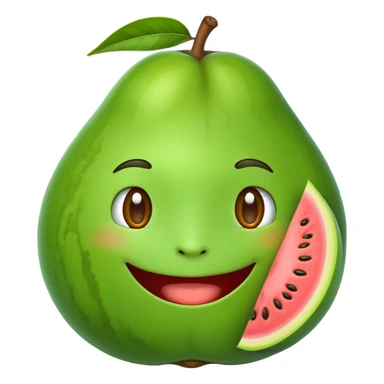 A cartoon guava character with a smiling face sticker