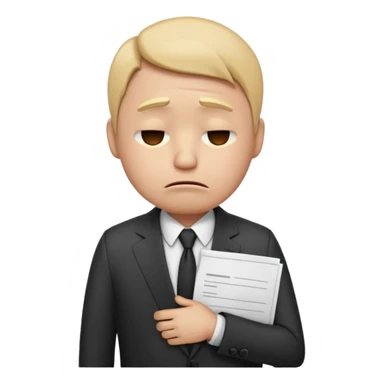 unisex emoji character wearing a suit. face has a very sad crying, disappointed expression with drooping eyebrows and half-closed eyes. posture is dejected, with slumped shoulders just rejected from his interview to get a job, holding cv. sticker