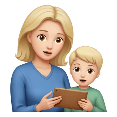 pleasanty surprised mother with child showing drawing sticker