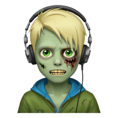 boy zombie whit blonde emo hair and eyes blue and GREEN SKIN and heandphones and a microfone and gold teeth sticker