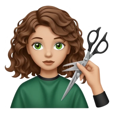 Girl with green eyes and brown wavy hair getting haircut with scissors sticker