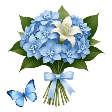 A wooden table adorned with a small bouquet of baby blue hydrangeas and creamy white lilies, wrapped in a softly frayed linen ribbon. A single blue butterfly, dusted with a hint of silver, rests lightly on the bouquet, as if drawn to its delicate fragrance. sticker