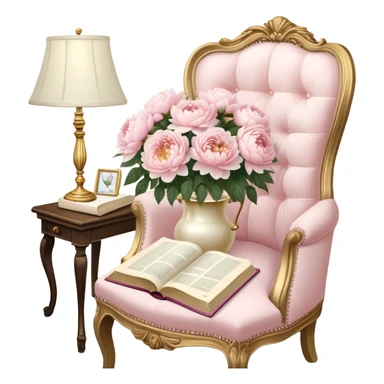 A cozy vintage-inspired reading nook, with an overstuffed ivory armchair, a golden reading lamp, and a bouquet of soft pink roses, white peonies, and dahlias resting on a small lace-covered side table, as a pearl butterfly gently rests on the open book.
 sticker