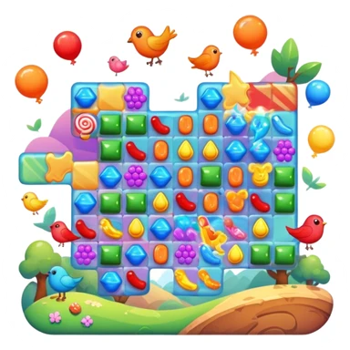 An icon representing a casual game, inspired by titles like Candy Crush. The design features colorful puzzle pieces, bouncing birds, and characters running through dynamic landscapes. Vibrant HUD elements like scores and power-ups highlight the playful. Transparent background sticker