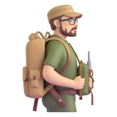 adventurer with goatee beard (no beard on cheeks), short hair, glasses, backwards military tan cap and backpack sticker