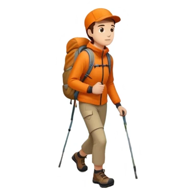 Hiker in orange jacket with backpack climbing mountain trail, minimalist design sticker