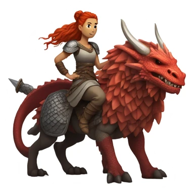 Viking red head dragon queen with a slain Viking solder with a man bun standing on a dragon flying over a volcano in a beautiful sky sticker