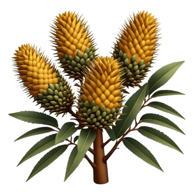 Cinematic Realistic Banksia Emoji, Bold and striking, with spiky, cylindrical flower heads covered in rich golden hues. The leaves are thick and leathery, adding a sense of strength to this unique and iconic tree. Soft glowing outline, capturing the essence of Australian ruggedness and floral beauty in a distinctive banksia tree! sticker