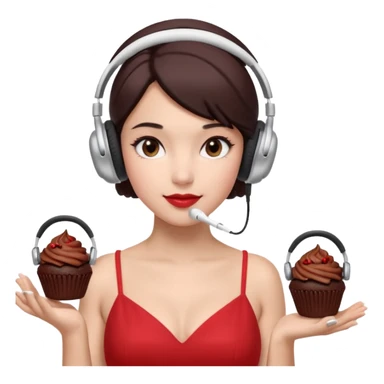 4–5 women at a listening party with a red and silver dress code. One holds a dark chocolate cupcake. Two wear over-ear headphones like AirPods Max. Indoor event lighting, modern and metallic vibe. sticker