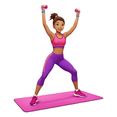 An energetic person performing an aerobics workout in a brightly lit gym, jumping and stretching with enthusiasm. The scene includes vibrant fitness equipment like dumbbells and exercise mats, with a background of cheerful, motivating colors, conveying energy and movement. sticker