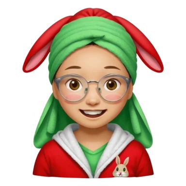 Asian woman wearing a green towel in her head with a broken glasses on her face in red pajamas her smile with rabbit front teeth and the cloth should be red sticker