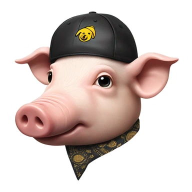 Pig head with black leather Muir cap yellow paisley bandana around neck sticker