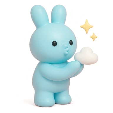 pastel blue bunny with cloud, blowing a kiss with sparkles, vinyl figure style sticker