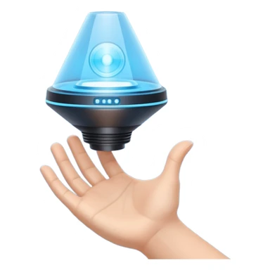 Flat emoji of a wrist-mounted hologram projector emitting a soft blue light cone, simple shapes, modern sci-fi style sticker