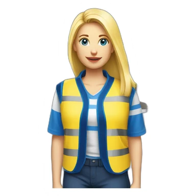 Ikea coworker blue eyes blond woman blue stripes t-shirt and yellow security vest sticker