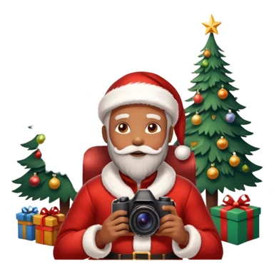 Homme photographe noir, week-end détente, équipé d’un appareil photo pro. Dans un décor Noël chaleureux, Père Noël à côté, sapin illuminé, lumières douces.  Ambiance festive, réaliste, couleurs nettes sticker