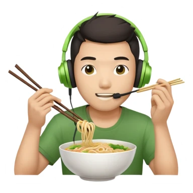 asian guy with green gaming headset eats asian noodels sticker